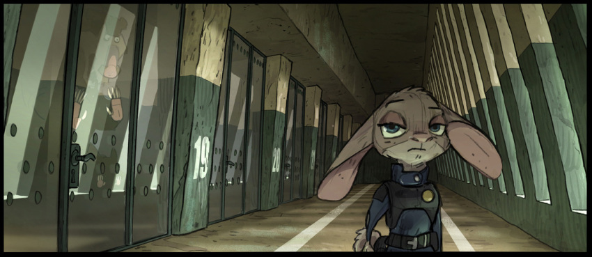 anthro bear belt blue_eyes bored clothing concept_art disney ears_down emotionless female fur glass grey_body grey_fur group half-closed_eyes hallway judy_hopps lagomorph leporid light lighting male mammal matthias_lechner narrowed_eyes official_art pivoted_ears police police_badge police_uniform police_vest prison prison_cell rabbit scut_tail short_tail solo somber tail topwear uniform vest zoodystopia zootopia