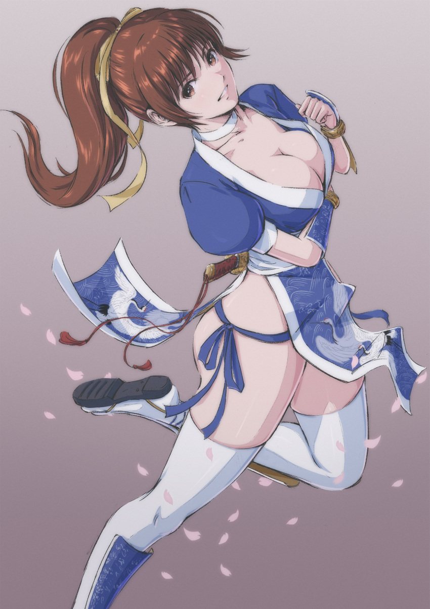 1girl absurdres breasts brown_eyes brown_hair choker cleavage collarbone commentary_request dead_or_alive dead_or_alive_3 gradient_background highres japanese_clothes kasumi_(blue_archive) kodachi leg_up long_hair looking_at_viewer medium_breasts ninja parted_lips pelvic_curtain ponytail puffy_short_sleeves puffy_sleeves short_sleeves short_sword simple_background smile solo sword thighhighs thighs tyanoki weapon