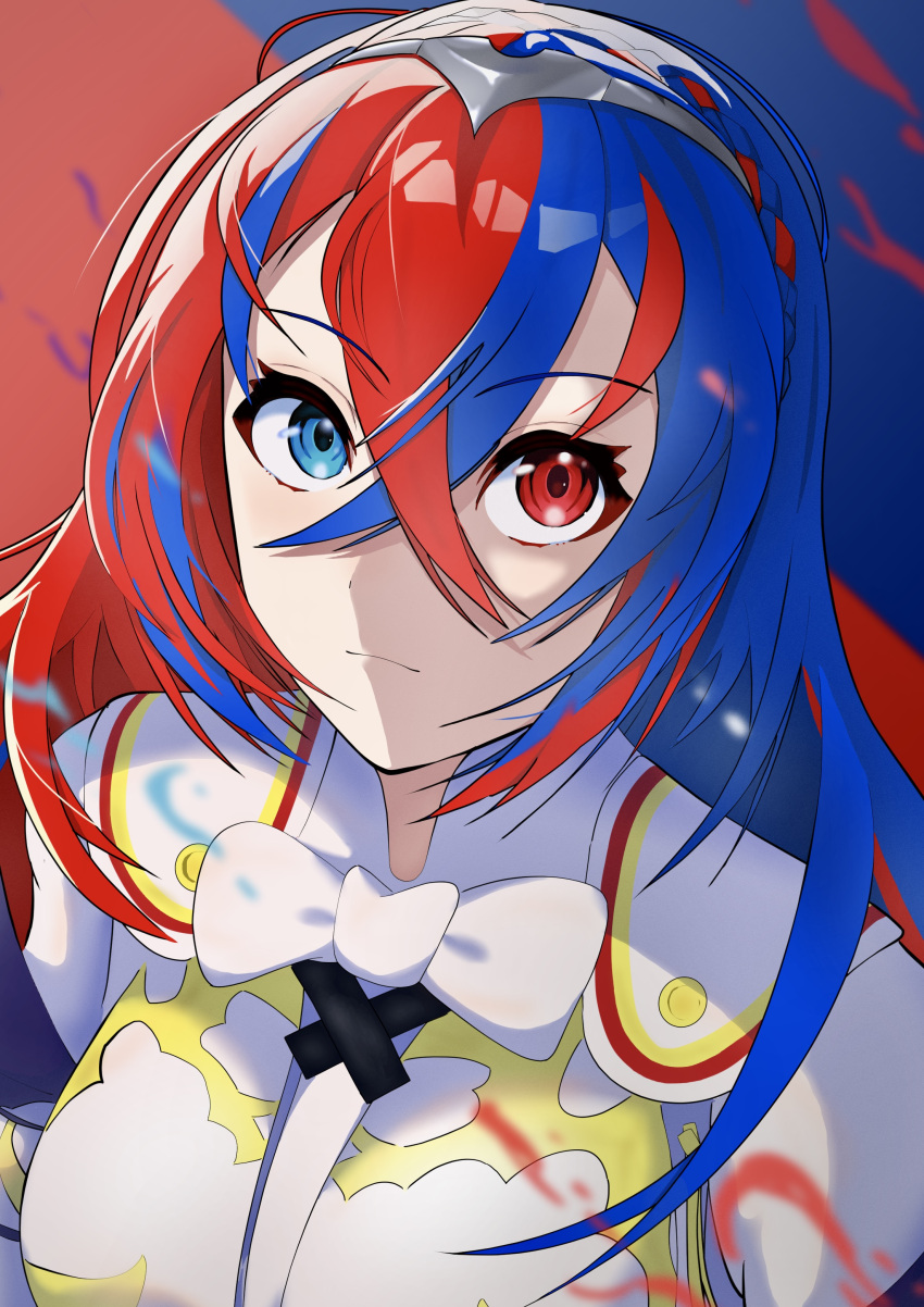 1girl 76yellow76 absurdres alear_(female)_(fire_emblem) alear_(fire_emblem) blue_eyes blue_hair bow bowtie braid closed_mouth crossed_bangs crown_braid fire_emblem fire_emblem_engage heterochromia highres looking_at_viewer multicolored_hair red_eyes red_hair split-color_hair tiara two-tone_hair white_bow white_bowtie