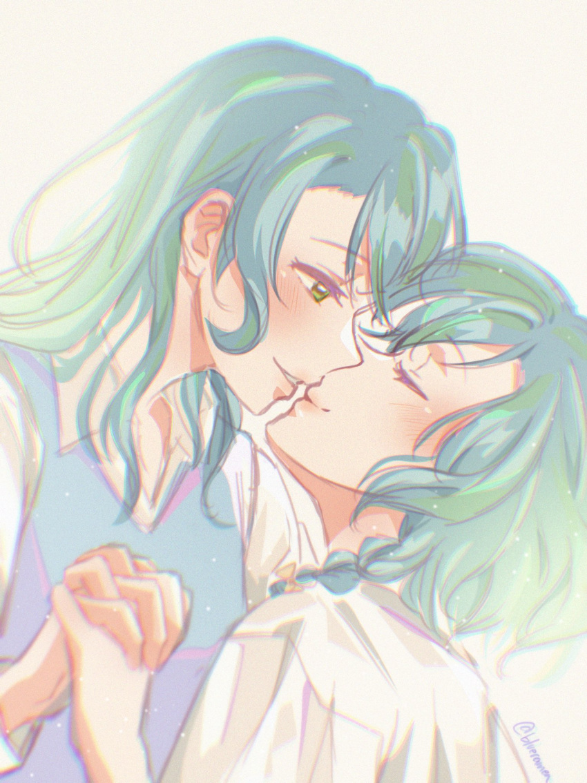 aqua_hair bang_dream! blue_shirt blush bow braid closed_eyes green_eyes hair_bow highres hikawa_hina hikawa_sayo imminent_kiss incest interlocked_fingers long_hair looking_at_another medium_hair shirt siblings signature sisters twin_braids twincest twins white_shirt xin_(blueramen) yuri