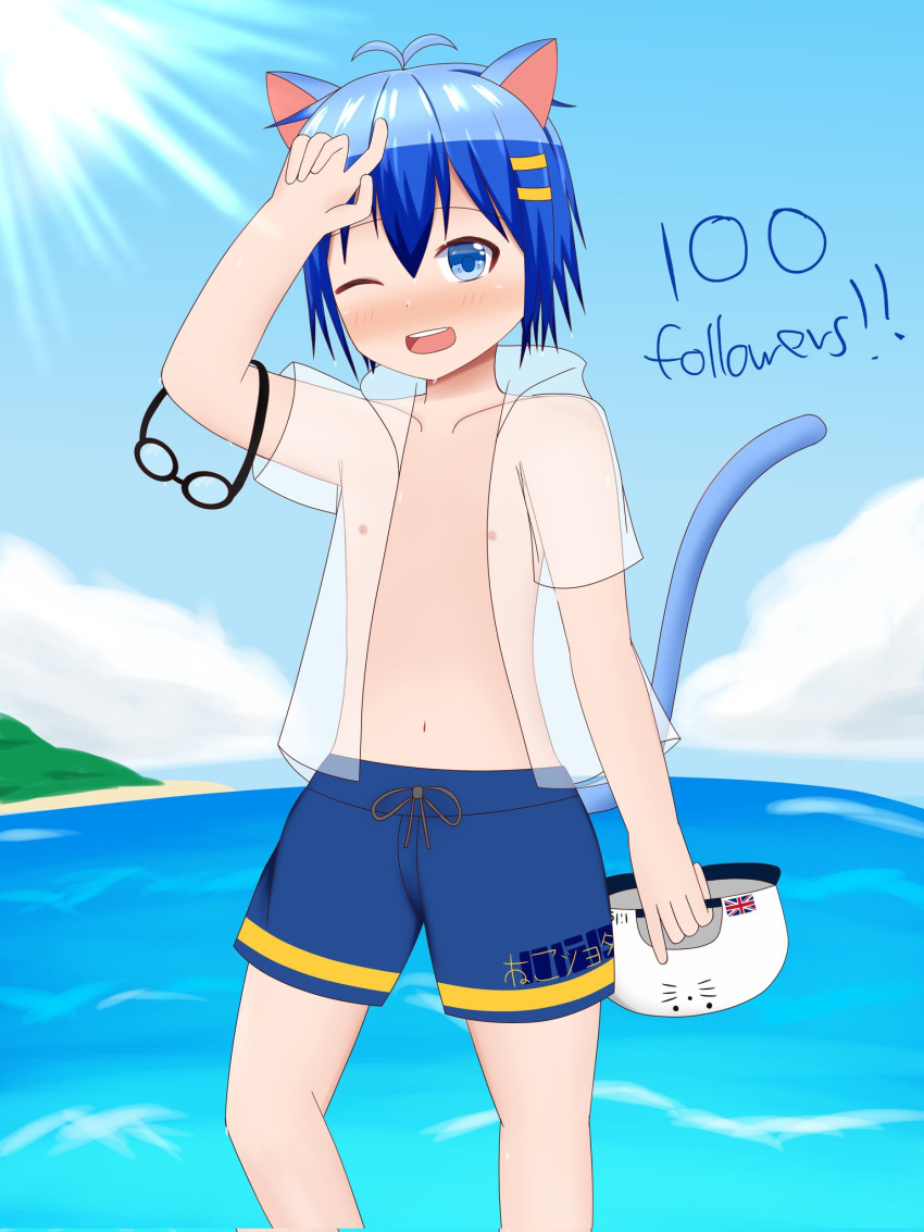 animal_ears artist_name baseball_cap beach blue_eyes cat_boy cat_ears goggles hat highres jacket nekomi_ch one_eye_closed original see-through swimsuit virtual_youtuber