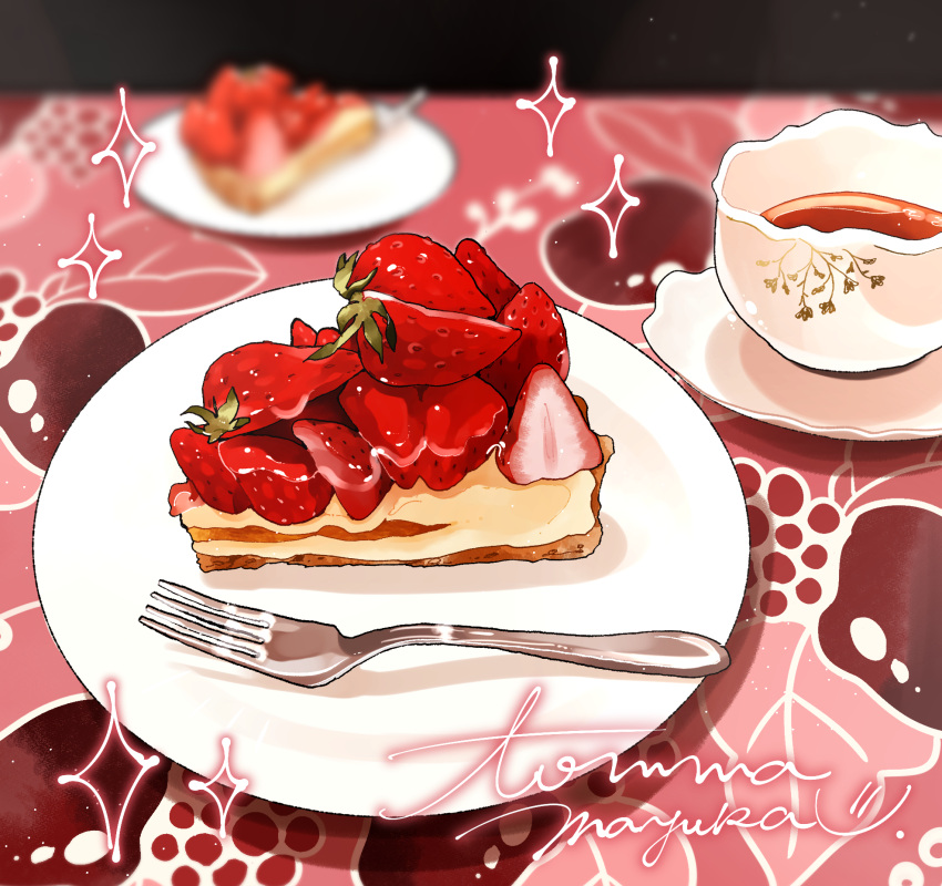 cake cup food food_focus fork fruit fruit_tart highres no_humans original pie pie_slice plate strawberry strawberry_tart table tart_(food) teacup tomma_mayuka