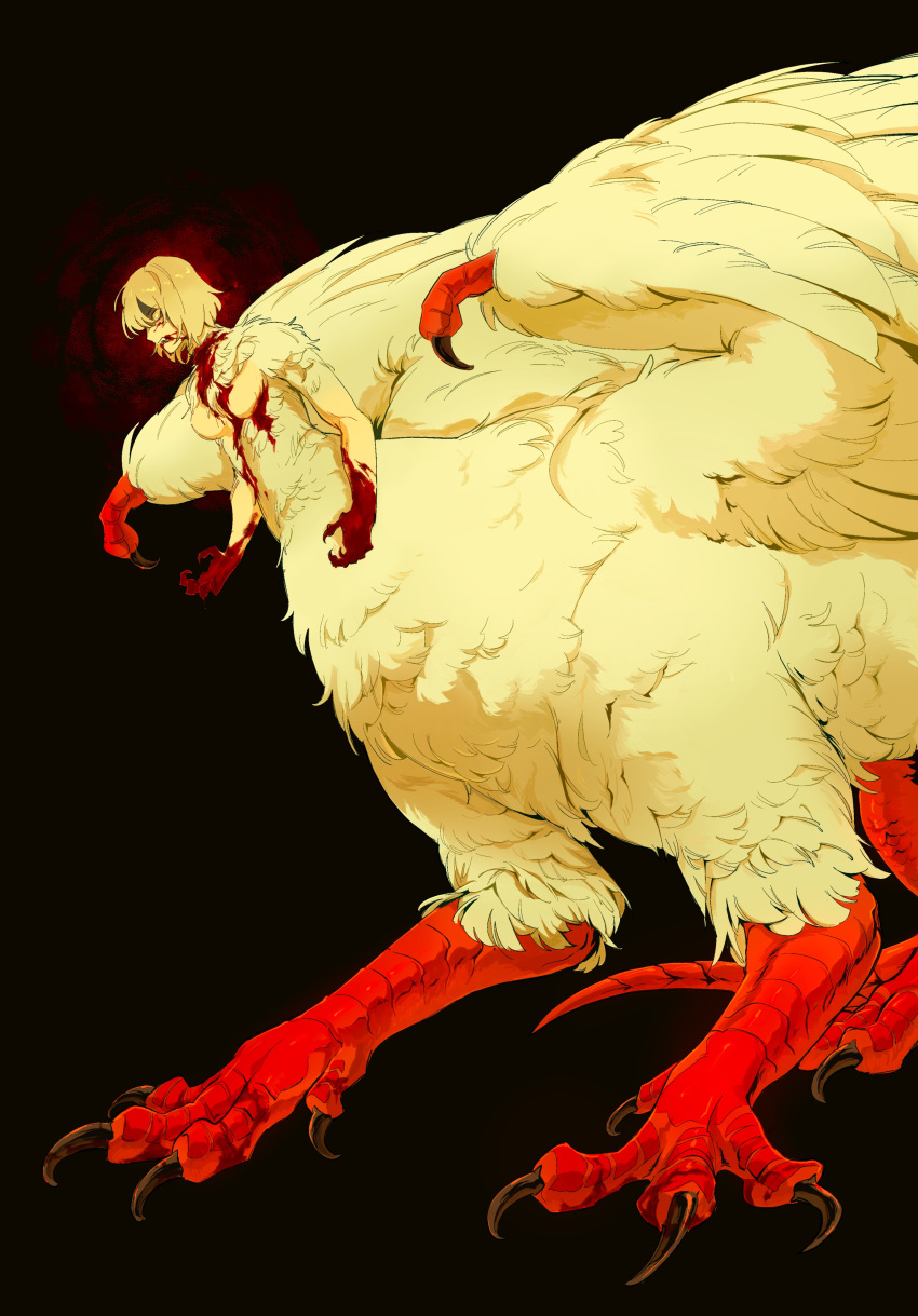 1girl absurdres angry bird_wings black_background bleeding blonde_hair blood blood_from_mouth blood_on_face blood_on_hands body_fur breasts chimera claws clenched_teeth commentary dragon_tail dungeon_meshi english_commentary falin_touden falin_touden_(chimera) feathered_wings fingernails from_side highres injury looking_ahead monster_girl scales shaded_face sharp_fingernails short_hair simple_background solo tail talons tanukimo_imo taur teeth wings yellow_eyes yellow_fur