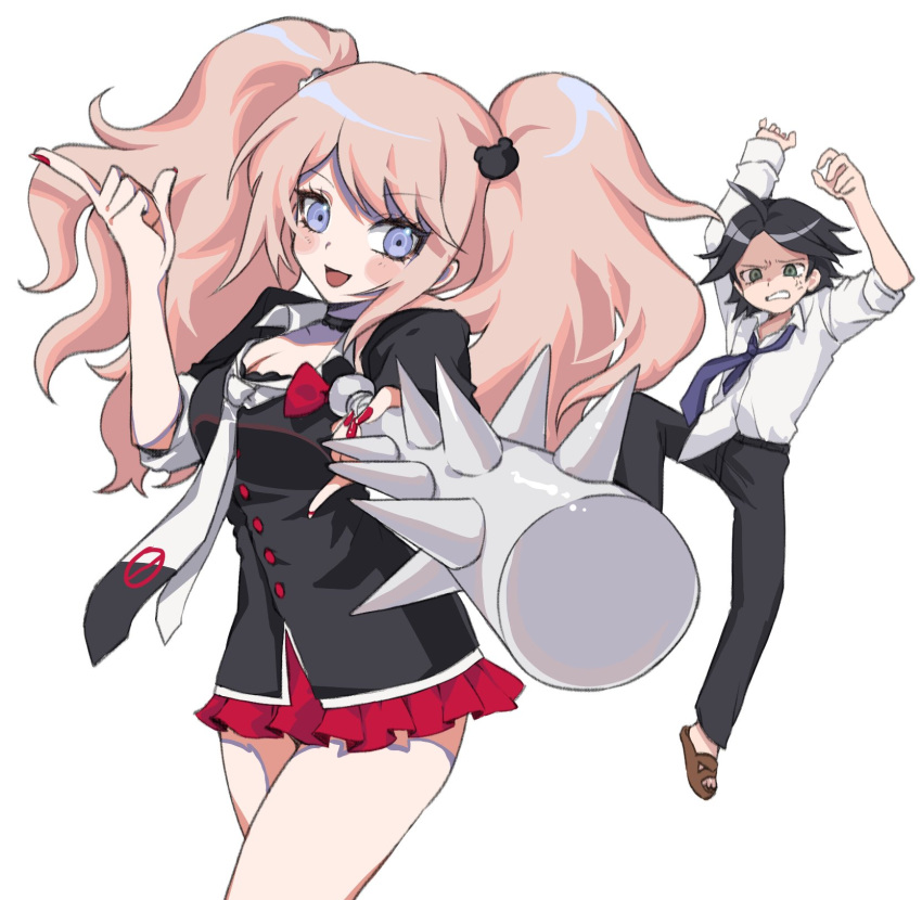 1boy 1girl :d ahoge anger_vein arms_up bear_hair_ornament black_choker black_hair black_pants black_shirt blonde_hair blue_eyes blush_stickers breasts choker cleavage club_(weapon) collarbone cowboy_shot danganronpa/zero danganronpa:_trigger_happy_havoc danganronpa_(series) enoshima_junko hair_ornament highres hy_(fjvlg) large_breasts long_hair looking_at_viewer matsuda_yasuke medium_hair miniskirt nail_polish necktie open_mouth pants parted_bangs pleated_skirt red_nails red_skirt school_uniform shirt shirt_partially_tucked_in skirt smile spiked_club twintails weapon