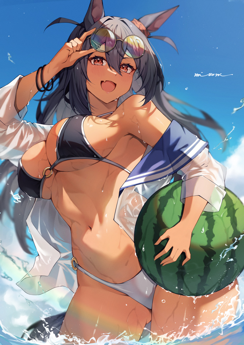 1girl :d absurdres adjusting_eyewear animal_ears ass_visible_through_thighs bikini black_bikini blue_hair blue_sky blush bracelet breasts cleavage dark-skinned_female dark_blue_hair dark_skin ear_ornament ear_scrunchie fang hair_between_eyes hair_ornament hairclip hand_up highres hishi_amazon_(umamusume) holding_watermelon horse_ears horse_girl horse_tail jewelry large_breasts long_hair looking_at_viewer misoni_(mi_so_ni_t) navel o-ring o-ring_bikini open_clothes open_mouth open_shirt outdoors red_eyes red_scrunchie round_eyewear scrunchie shirt sky sleeves_rolled_up smile solo splashing stomach swimsuit tail thighs umamusume very_long_hair water wet wet_clothes wet_shirt white_bikini white_shirt