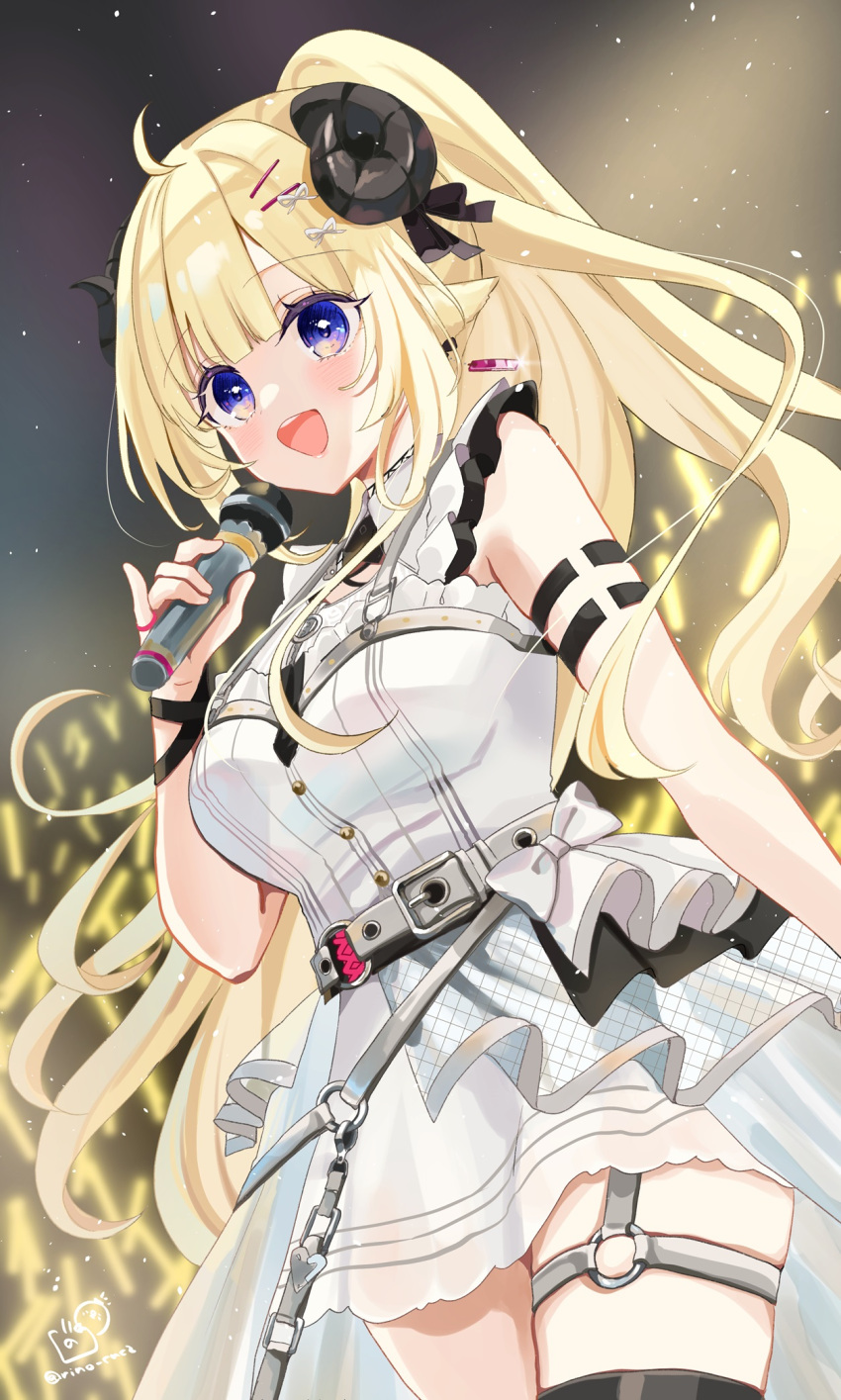 1girl ahoge animal_ears arm_strap belt black_thighhighs blonde_hair blush breasts commentary_request dress frilled_dress frills glowstick hair_ornament hairclip highres holding holding_microphone hololive horns large_breasts layered_skirt light_particles long_hair looking_at_viewer microphone o-ring o-ring_thigh_strap official_alternate_costume open_mouth overskirt purple_eyes ribbon rino_cnc sheep_ears sheep_girl sheep_horns skirt sleeveless sleeveless_dress socks thigh_strap thighhighs tsunomaki_watame tsunomaki_watame_(watame_night_fever!!) very_long_hair virtual_youtuber white_belt white_dress wrist_ribbon