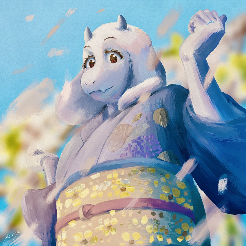 2024 anthro asian_clothing boss_monster_(undertale) bovid caprine clothing east_asian_clothing female fur goat hi_res japanese_clothing kimono komm64 mammal painting_(artwork) petals red_eyes smile solo toriel traditional_media_(artwork) undertale_(series) white_body white_fur wind