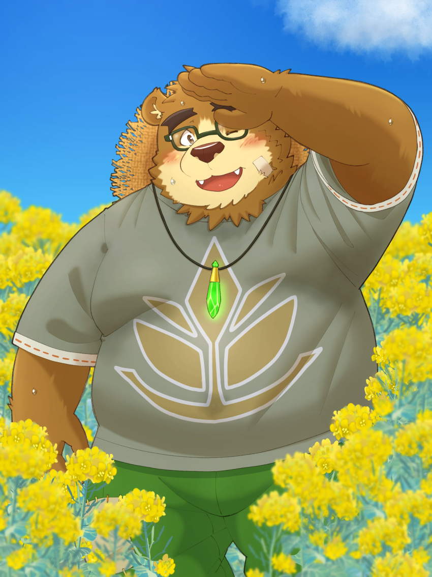 2024 absurd_res anthro bear belly big_belly bottomwear brown_body brown_fur clothing eyewear flower fur glasses hat headgear headwear hi_res humanoid_hands kemono lifewonders male mammal one_eye_closed overweight overweight_male pants plant shirt solo straw_hat tokyo_afterschool_summoners topwear volos_(tas) yaki_atsuage