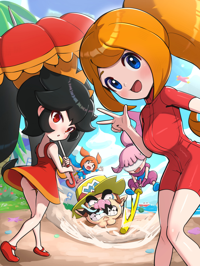 1boy 4girls ana_(warioware) ashley_(warioware) beach black_hair blindfold blue_eyes blue_footwear blue_sky blush bodysuit cleft_chin diving_suit double_bun facial_hair food fruit gonzarez hair_bun hair_ornament hat highres holding holding_sword holding_umbrella holding_weapon kat_(warioware) long_hair looking_back mona_(warioware) multiple_girls mustache open_mouth orange_hair panties pantyshot parasol parted_lips partially_buried pink_hair pointy_ears ponytail red_eyes red_footwear selfie sky smile sword twintails umbrella underwear wario warioware warioware:_move_it! watermelon weapon wetsuit yellow_hat