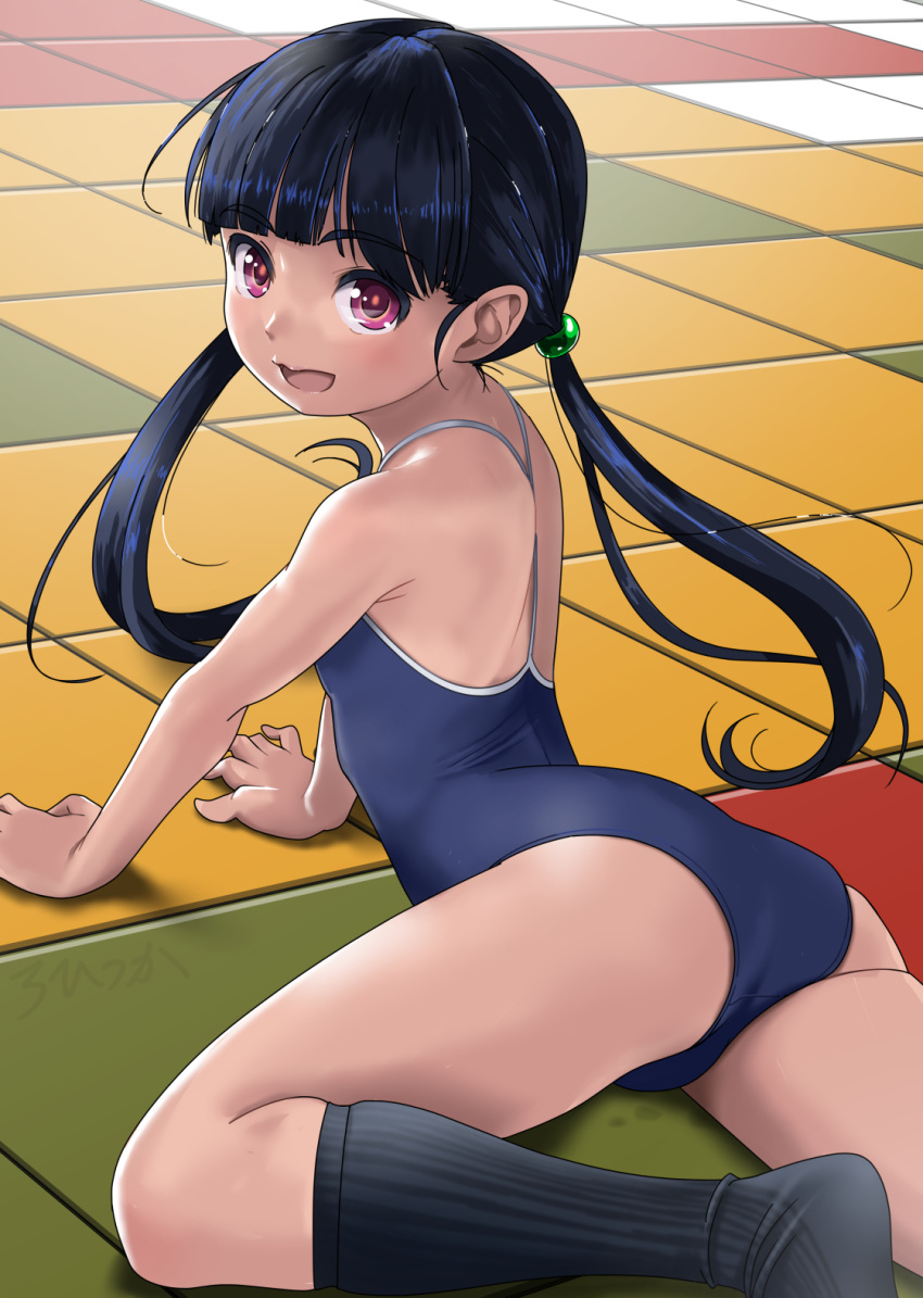 1girl all_fours black_hair black_socks blue_one-piece_swimsuit breasts commentary_request competition_school_swimsuit feet_out_of_frame highres long_hair looking_to_the_side low_twintails one-piece_swimsuit original red_eyes rohitsuka school_swimsuit small_breasts socks solo swimsuit tile_floor tiles twintails