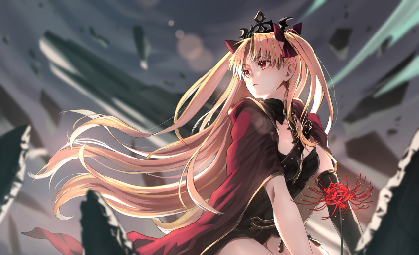 1girl absurdres asymmetrical_sleeves blonde_hair bow breasts cloak dress ereshkigal_(fate) fate/grand_order fate_(series) flower hair_ribbon highres jewelry long_hair medium_breasts parted_bangs red_cloak red_eyes red_ribbon ribbon single_sleeve skull skull_ornament solo spider_lily spine tiara two-sided_cloak two-sided_fabric two_side_up user_cdug5424 yellow_cloak