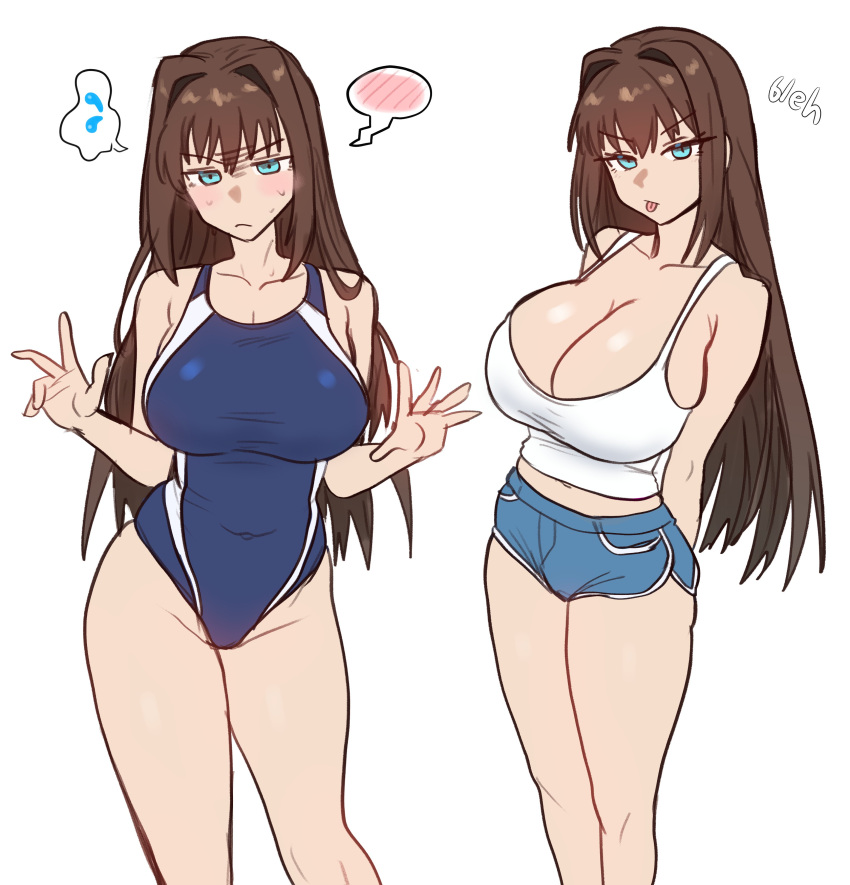 1girl absurdres aozaki_aoko bare_shoulders blue_eyes blush breasts brown_hair cleavage collarbone ebora fate/grand_order fate_(series) highres large_breasts long_hair mahou_tsukai_no_yoru miniskirt multiple_views one-piece_swimsuit shirt skirt swimsuit thighs tsukihime white_shirt