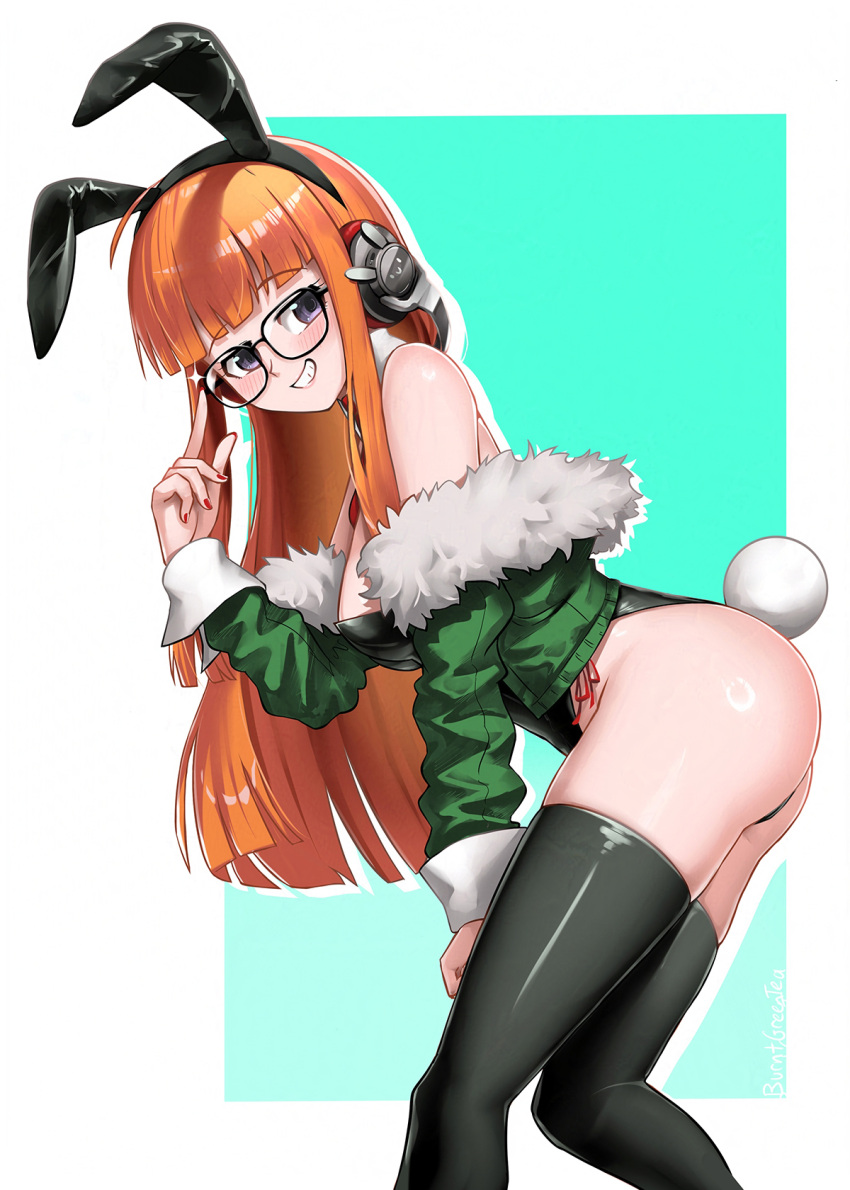 1girl adjusting_eyewear alternate_breast_size alternate_costume animal_ears ass behind-the-head_headphones black_leotard black_thighhighs blunt_bangs blush border breasts burnt_green_tea fake_animal_ears from_side fur-trimmed_jacket fur_trim glasses glint green_jacket grin hand_on_eyewear headphones highres index_finger_raised jacket leaning_forward leotard long_hair looking_at_viewer medium_breasts orange_hair persona persona_5 playboy_bunny purple_eyes rabbit_ears rabbit_tail red_nails sakura_futaba smile solo tail thighhighs very_long_hair white_border