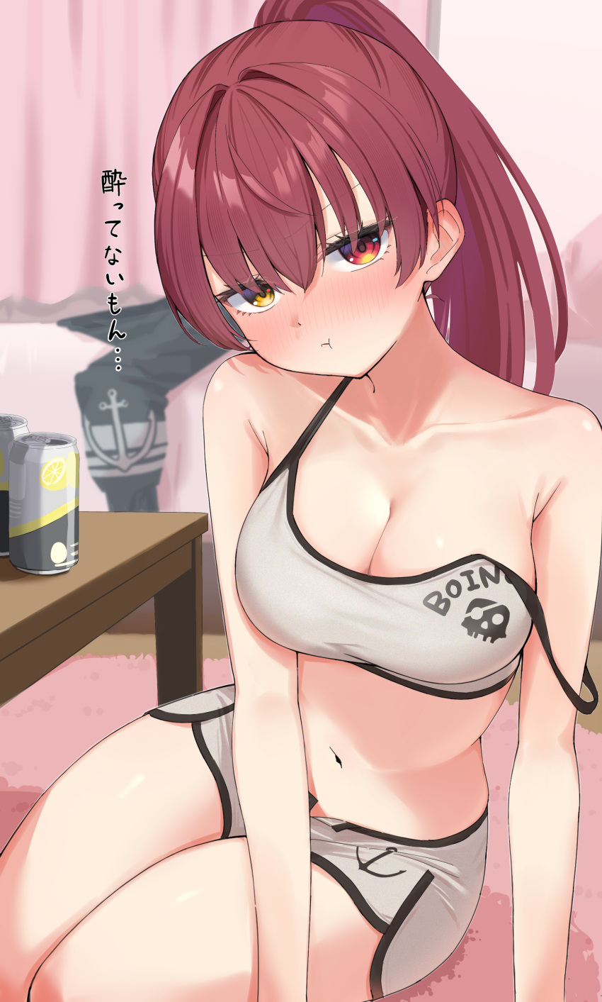 1girl absurdres ai_(u_e_o_o) alcohol alternate_costume bare_shoulders bed beer blush breasts camisole cleavage collarbone commentary_request crop_top heterochromia high_ponytail highres hololive houshou_marine large_breasts looking_at_viewer navel pout print_camisole red_eyes red_hair shorts single_off_shoulder solo spaghetti_strap table text_print translation_request virtual_youtuber white_camisole white_shorts yellow_eyes