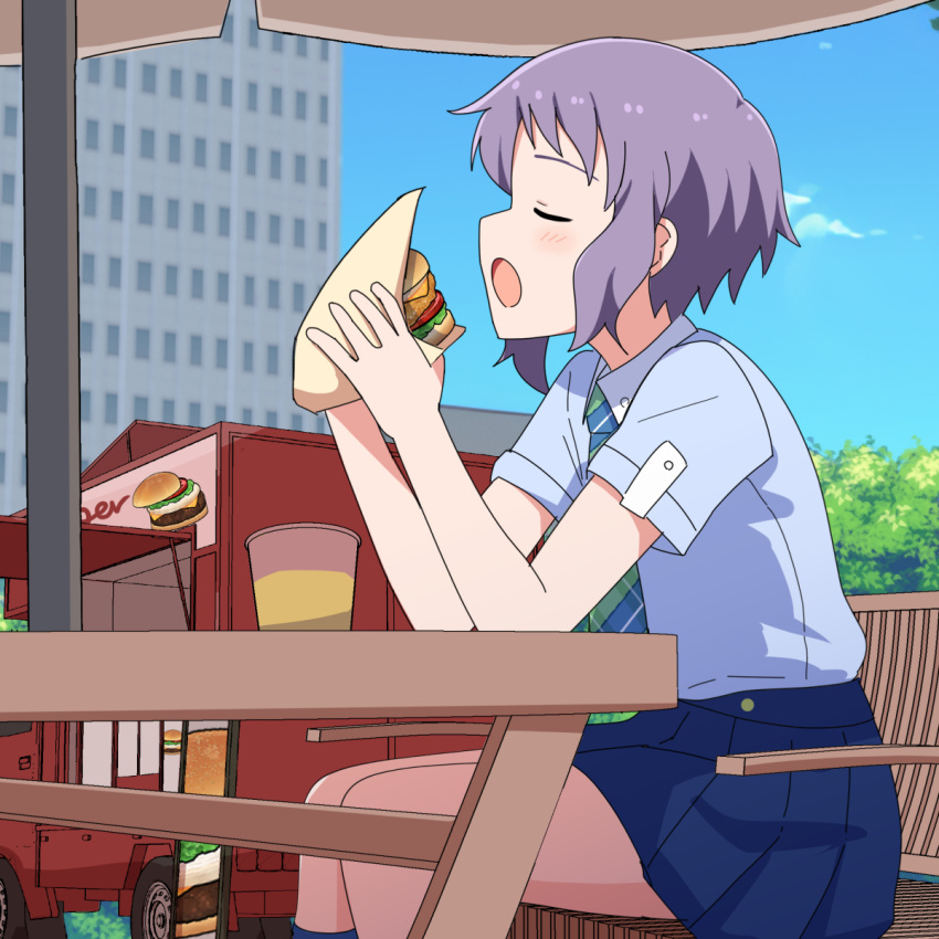 1girl arm_rest blue_shirt blue_skirt blue_sky blue_socks building burger chair closed_eyes commentary cup day drink eating food food_truck highres holding holding_burger holding_food idolmaster idolmaster_million_live! legs light_blush makabe_mizuki necktie open_mouth outdoors parasol pleated_skirt profile purple_hair school_uniform shirt short_hair short_sleeves sidelocks sitting skirt sky socks solo striped_necktie symbol-only_commentary table thighs tree trinitro_t umbrella wavy_hair wing_collar