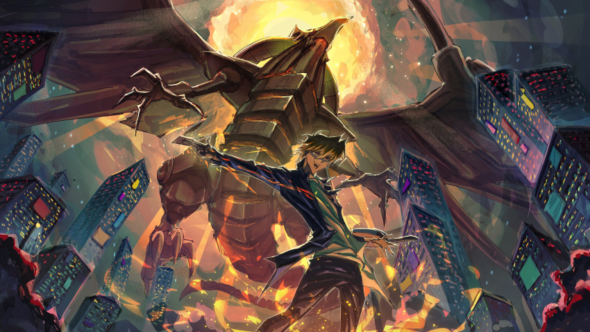 1boy absurdres blonde_hair blue_jacket blue_pants card city colored_skin cowboy_shot dragon duel_disk fire giant giant_monster highres holding holding_card jacket jonouchi_katsuya kaijuu long_sleeves male_focus medium_hair outstretched_arm pants shirt smile sonic1nstinct the_winged_dragon_of_ra trading_card white_shirt yellow_skin yellow_wings yu-gi-oh! yu-gi-oh!_duel_monsters