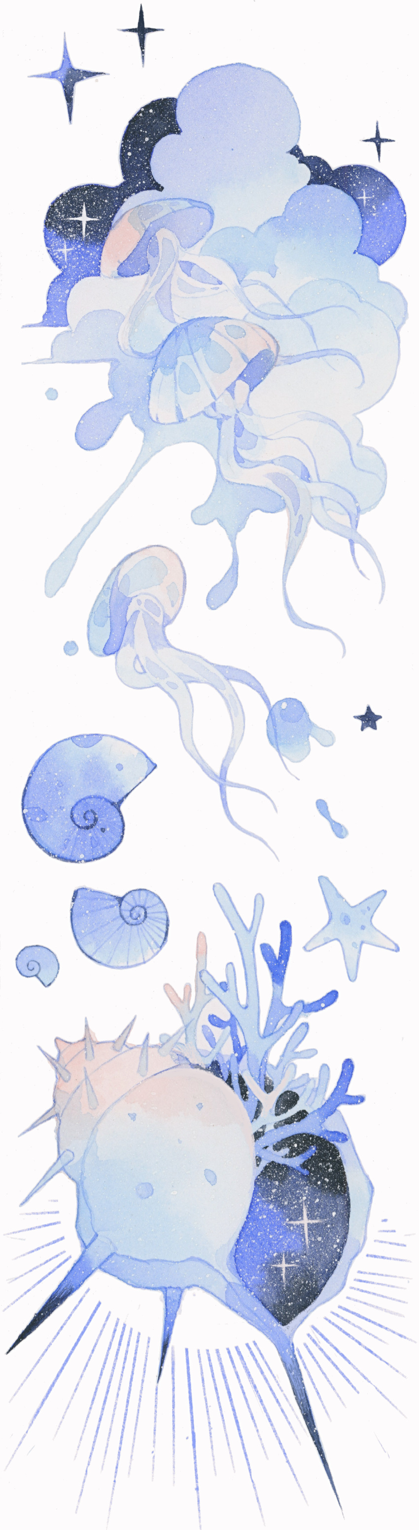 absurdres animal_focus blue_theme chinese_commentary cloud commentary_request conch coral highres jellyfish jiang_(tang_kaike_ban) no_humans object_focus original painting_(medium) seashell shell simple_background sparkle star_(symbol) starfish traditional_media watercolor_(medium) white_background