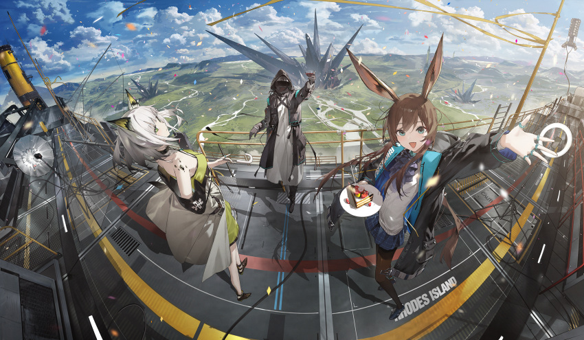 1boy 2girls :d against_railing amiya_(arknights) animal_ears aqua_eyes arknights arm_up ascot black_choker black_footwear black_gloves black_jacket black_pantyhose blue_skirt blue_sky cake cake_slice cat_ears choker cloud covered_face cup doctor_(arknights) dress drink drinking_glass fisheye food full_body gloves gradient_hair green_dress green_eyes hand_on_railing highres holding holding_drink holding_plate holding_umbrella hood hood_up infection_monitor_(arknights) jacket jewelry kal'tsit_(arknights) kieed landscape long_bangs long_hair looking_afar looking_at_viewer material_growth medium_hair multicolored_hair multiple_girls multiple_rings off_shoulder on_rooftop open_clothes open_jacket oripathy_lesion_(arknights) outdoors outstretched_arm outstretched_hand pantyhose plate purple_ascot rabbit_ears railing ring rooftop skirt sky smile standing studio_lights sweater toasting_(gesture) umbrella white_hair white_jacket white_sweater wide_shot