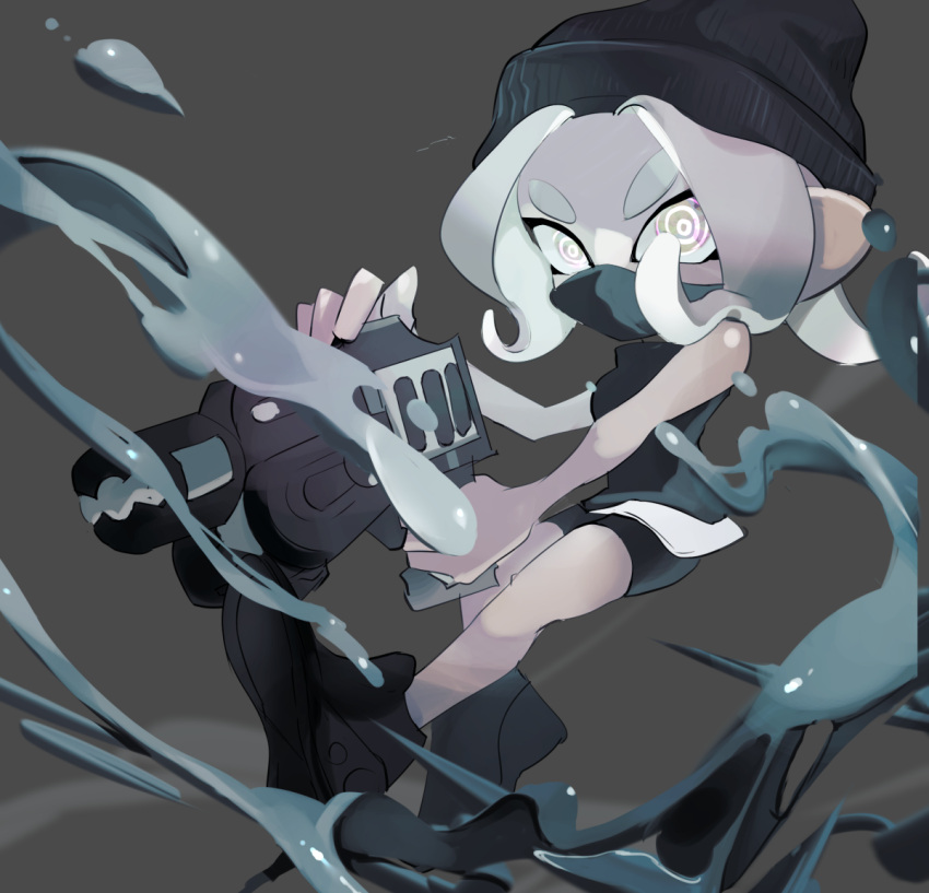 1girl bare_arms bare_shoulders beanie bike_shorts black_footwear black_hat black_shirt black_shorts grey_background grey_eyes grey_hair hat holding koike3582 long_hair mask mouth_mask octoling octoling_girl octoling_player_character rapid_blaster_(splatoon) ringed_eyes shirt shoes shorts sleeveless sleeveless_shirt solo splatoon_(series) tentacle_hair