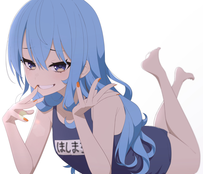 1girl absurdres alternate_costume armpit_crease barefoot blue_eyes blue_hair blue_one-piece_swimsuit blush breasts character_name collarbone crossed_bangs feet feet_up full_body gradient_background grey_background hair_between_eyes hands_up highres hololive hoshimachi_suisei legs long_hair looking_at_viewer lunch_boxer lying name_tag on_stomach one-piece_swimsuit orange_nails school_swimsuit shadow simple_background small_breasts smile soles solo star_(symbol) star_in_eye swimsuit symbol_in_eye toes virtual_youtuber white_background