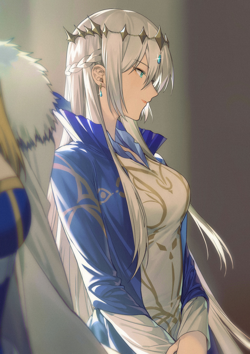 2girls absurdres artoria_pendragon_(fate) artoria_pendragon_(lancer)_(fate) blonde_hair blue_eyes blush braid breasts cape crown dress earrings fate/grand_order fate_(series) french_braid fur-trimmed_cape fur_trim grey_hair highres jewelry large_breasts long_hair long_sleeves looking_at_another morgan_le_fay_(fate) multiple_girls non-web_source siblings sidelocks sisters skirt smile solo very_long_hair yorukun
