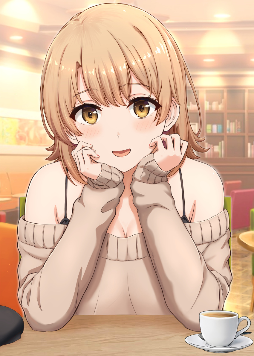 1girl :d absurdres bare_shoulders blush breasts brown_hair brown_sweater cafe cleavage commentary_request cup hands_up highres inanaki_shiki indoors isshiki_iroha long_sleeves looking_at_viewer medium_hair off-shoulder_sweater off_shoulder open_mouth plate smile solo sweater teacup tongue yahari_ore_no_seishun_lovecome_wa_machigatteiru. yellow_eyes