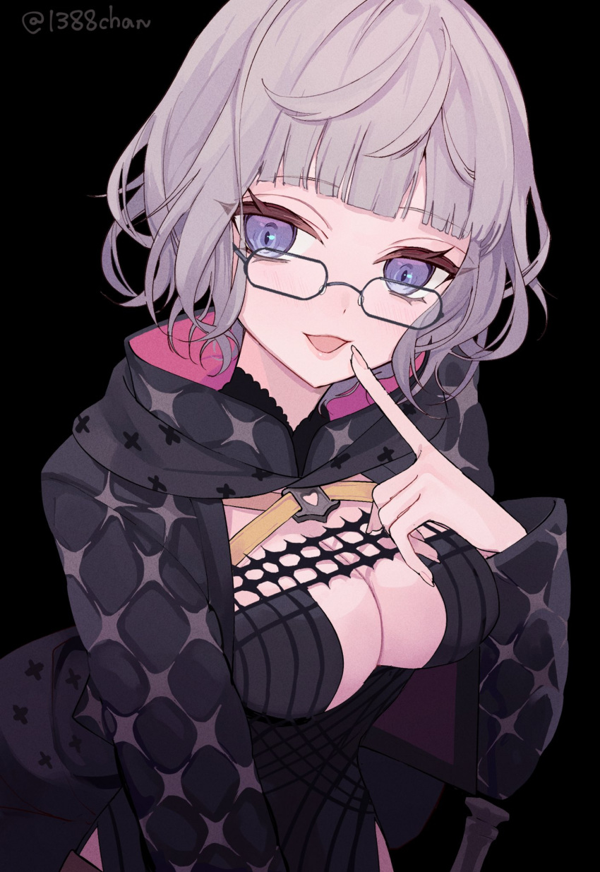 1388chan 1girl black-framed_eyewear black_background black_dress black_jacket blue_eyes breasts cleavage coat cropped_jacket dress fate/grand_order fate_(series) finger_to_mouth glasses grey_hair highres hood hooded_dress hooded_jacket jacket jacques_de_molay_(foreigner)_(fate) jacques_de_molay_(foreigner)_(second_ascension)_(fate) knights_templar large_breasts long_sleeves looking_at_viewer open_clothes open_jacket open_mouth padded_coat short_hair simple_background smile solo