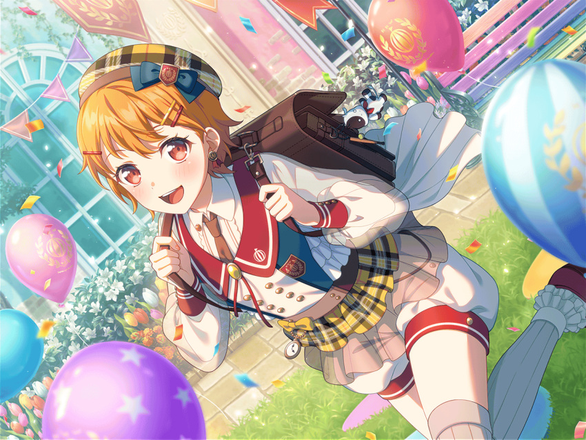 1girl :d backpack bag bag_charm balloon bang_dream! bench beret blush bow building center_frills charm_(object) collared_shirt confetti dutch_angle earrings flower frills hair_ornament hairclip hat hat_bow jewelry kitazawa_hagumi leg_lift looking_at_viewer necktie official_art open_mouth orange_eyes orange_hair outdoors pocket_watch puffy_shorts sailor_collar see-through see-through_sleeves shirt short_hair shorts smile solo stuffed_animal stuffed_toy thighhighs third-party_source watch