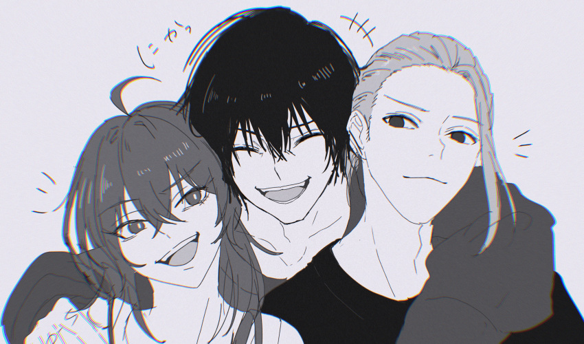 1girl 2boys absurdres ahoge akao_rion amayoa black_hair highres monochrome multiple_boys nagumo_(sakamoto_days) sakamoto_days sakamoto_taro simple_background smile