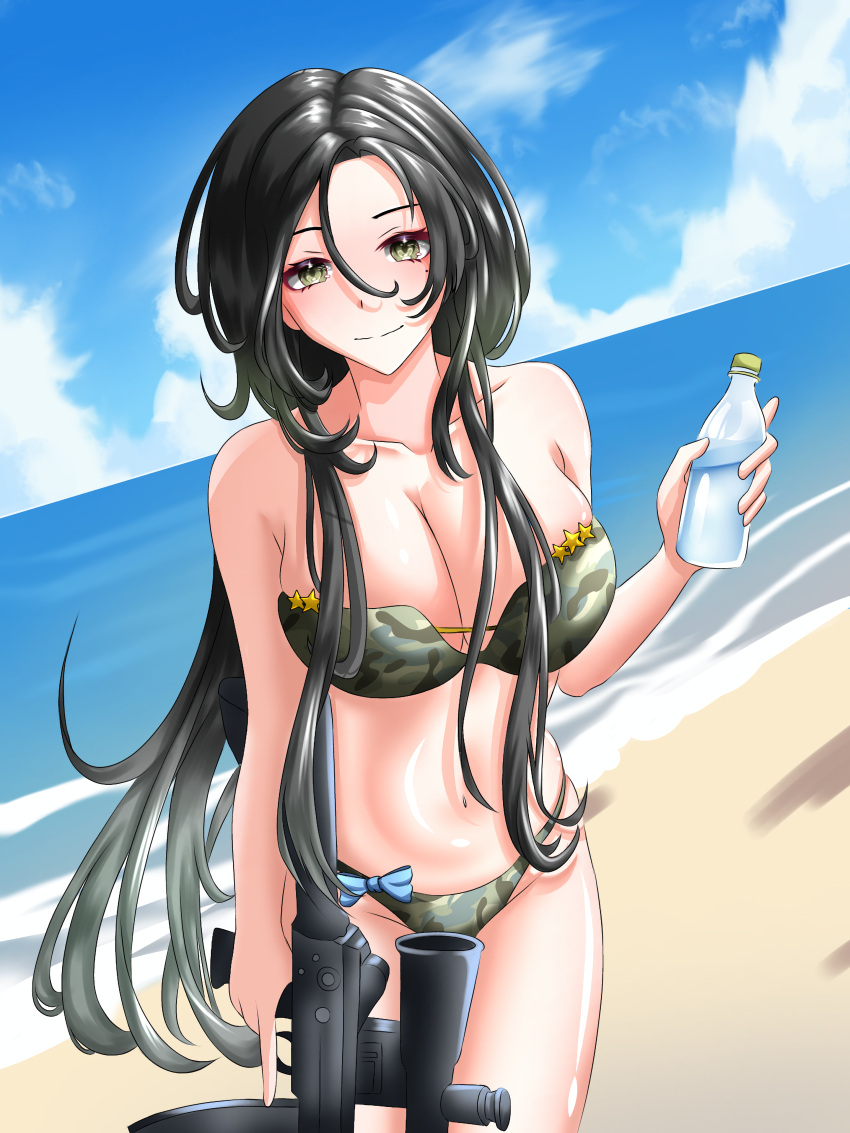 absurdres ahomushi994 artist_request assault_rifle bikini black_hair breasts girls'_frontline green_bikini gun highres homefront large_breasts long_black_hair long_hair qbz-03 rifle self-upload swimsuit type_03_(girls'_frontline) weapon yellow_eyes