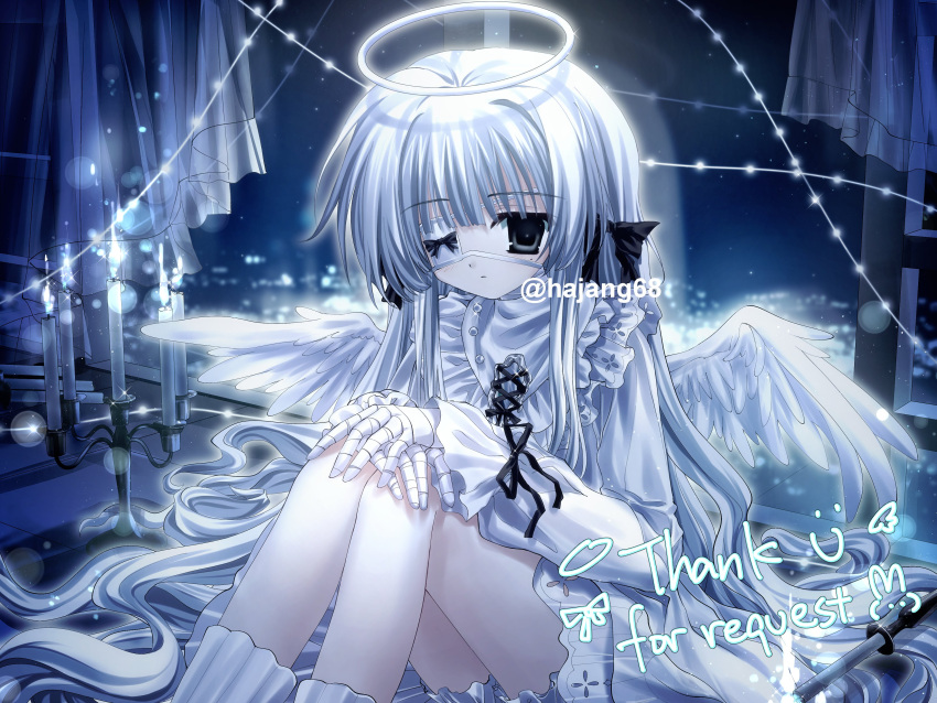 1girl 2000s_(style) absurdres angel artist_name candle candlestand commission dress english_text expressionless eyepatch gothic_lolita hajang68 halo highres lolita_fashion long_hair looking_at_viewer original solo very_long_hair white_dress white_halo white_wings wings