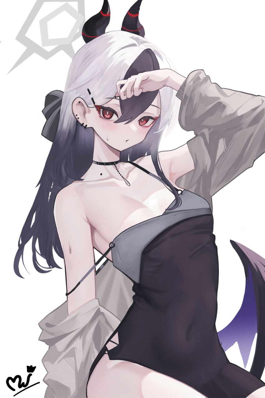 1girl absurdres armpits black_dress black_hair black_panties blue_archive blush clothing_cutout collarbone demon_horns demon_wings dress gradient_hair hair_between_eyes halo highres horns kayoko_(blue_archive) kayoko_(dress)_(blue_archive) looking_at_viewer mellow_(srpp4843) mole mole_on_neck multicolored_hair official_alternate_costume panties red_eyes shirt signature simple_background single_wing solo underwear white_background white_shirt wings