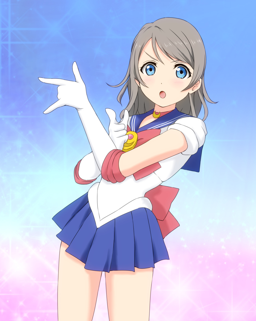 1girl bishoujo_senshi_sailor_moon blue_eyes brown_hair cosplay elbow_gloves gloves highres kamikitayotsuba looking_at_viewer love_live! love_live!_sunshine!! sailor_moon short_hair solo tsuki_ni_kawatte_oshioki_yo watanabe_you white_gloves