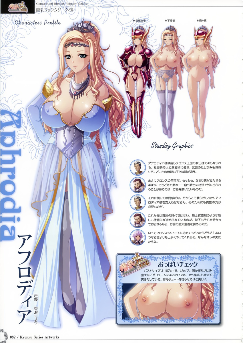 afurodia armor blonde_hair breasts cleavage clown dress erect_nipples garter_belt gauntlet glove helmet huge_breasts kyonyuu_fantasy kyonyuu_fantasy_gaiden navel nipples nude ponytail spaulder thighhighs thong tiara woman