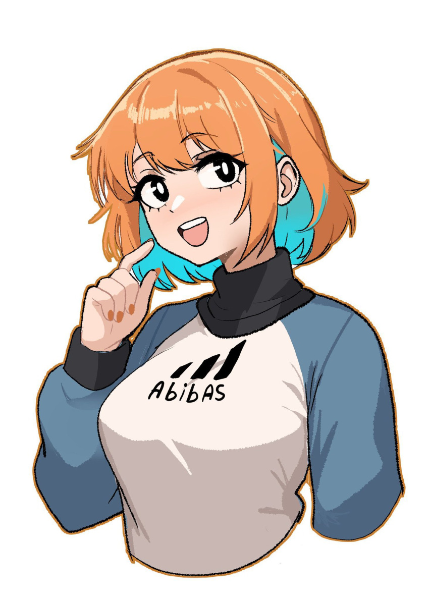 1girl :d adidas black_eyes blue_hair brand_name_imitation colored_inner_hair commentary english_commentary highres maidcousin multicolored_hair nail_polish open_mouth orange_hair original outline raglan_sleeves short_hair smile sweater teeth white_background