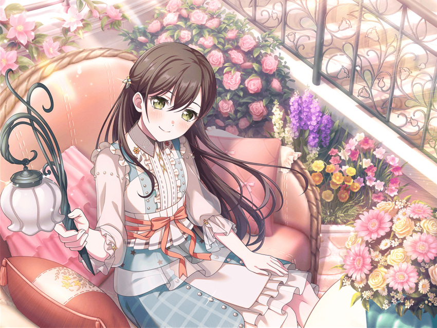 1girl armchair bang_dream! brown_hair center_frills chair collared_dress dress flower flower_pot flower_request frills gem green_eyes hanazono_tae hand_on_lap head_tilt holding holding_lantern lantern long_hair looking_to_the_side official_art outdoors pearl_(gemstone) pillow railing ribbon rose see-through see-through_sleeves sitting smile solo stairs third-party_source