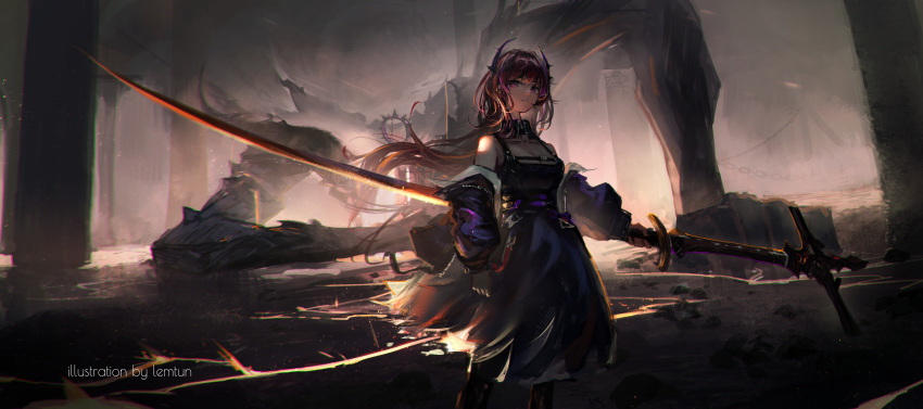 1girl absurdres arknights bare_shoulders black_dress breasts cleavage demon_girl demon_horns dress highres holding holding_weapon horns jacket lemtun off_shoulder purple_eyes red_hair solo surtr_(arknights) weapon