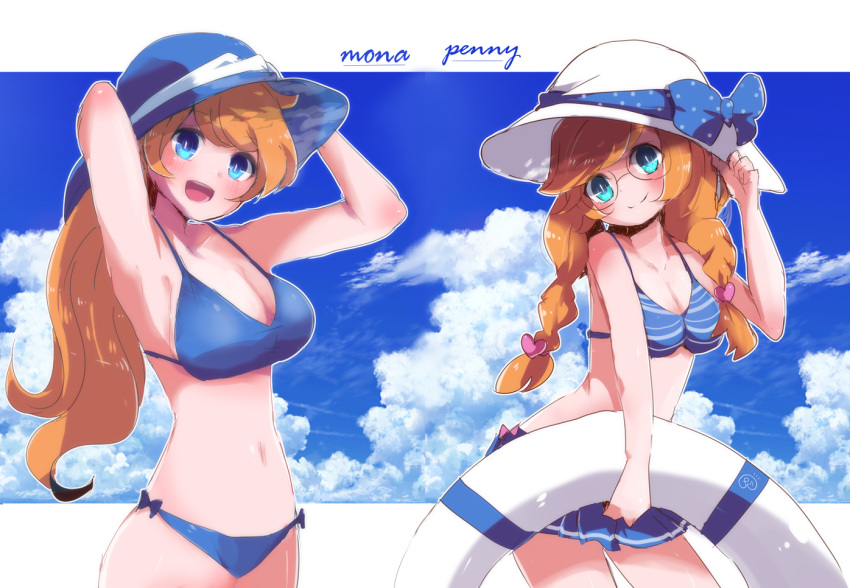 2girls bikini blue_bikini blue_eyes blue_sky braid character_name cloud glasses hand_on_headwear hat herunia_kokuoji lifebuoy long_hair looking_at_viewer low_twin_braids mona_(warioware) multiple_girls orange_hair penny_crygor ponytail sky smile swim_ring swimsuit twin_braids warioware