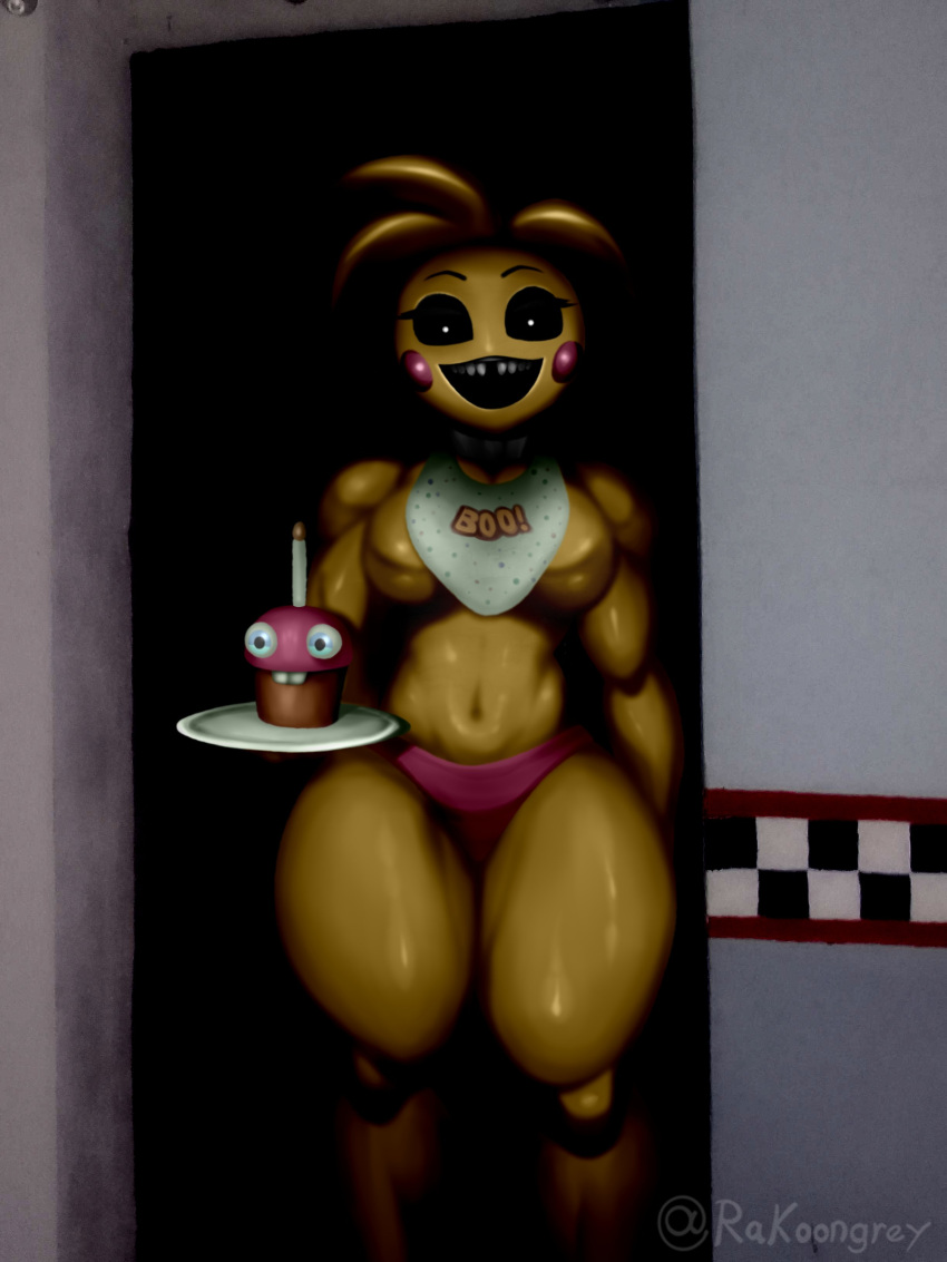 2024 absurd_res animatronic anthro avian bird blush candle chicken clothing cupcake_(fnaf) e4hargus female five_nights_at_freddy's five_nights_at_freddy's_2 galliform gallus_(genus) hi_res looking_at_viewer machine panties phasianid plate robot scottgames solo thick_thighs toy_chica_(fnaf) underwear yellow_body yellow_skin