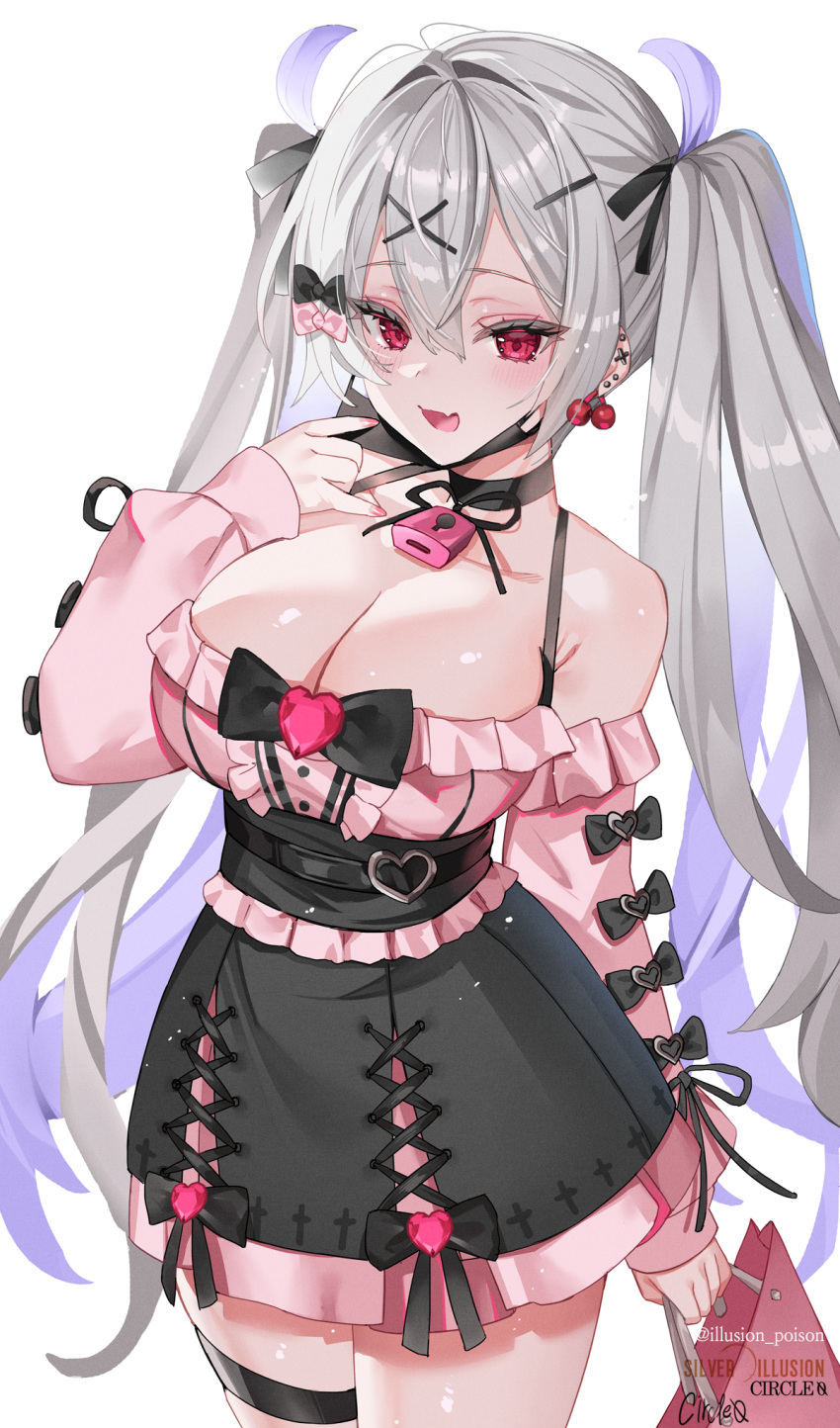 1girl bare_shoulders black_choker breasts choker cleavage detached_sleeves dress ear_piercing earrings fang frills grey_hair hair_ornament hairclip highres hwansang_jungdog jewelry jirai_kei large_breasts long_hair long_sleeves looking_at_viewer mask mouth_mask original piercing red_eyes skin_fang smile solo thigh_strap twintails white_background