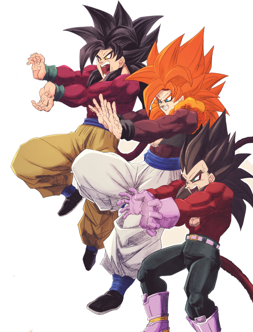 3boys absurdres black_footwear black_hair black_pants black_vest blue_eyes body_fur boots brown_fur brown_tail cropped_vest dragon_ball dragon_ball_gt full_body gogeta highres kamehameha_(dragon_ball) long_hair male_focus metamoran_vest monkey_tail multiple_boys muscular open_mouth pants parted_lips purple_footwear red_fur red_hair red_tail simple_background smirk son_goku spiked_hair super_saiyan super_saiyan_4 tail vegeta vest white_background white_pants yellow_eyes yellow_pants yuuri_(fukuroudou)