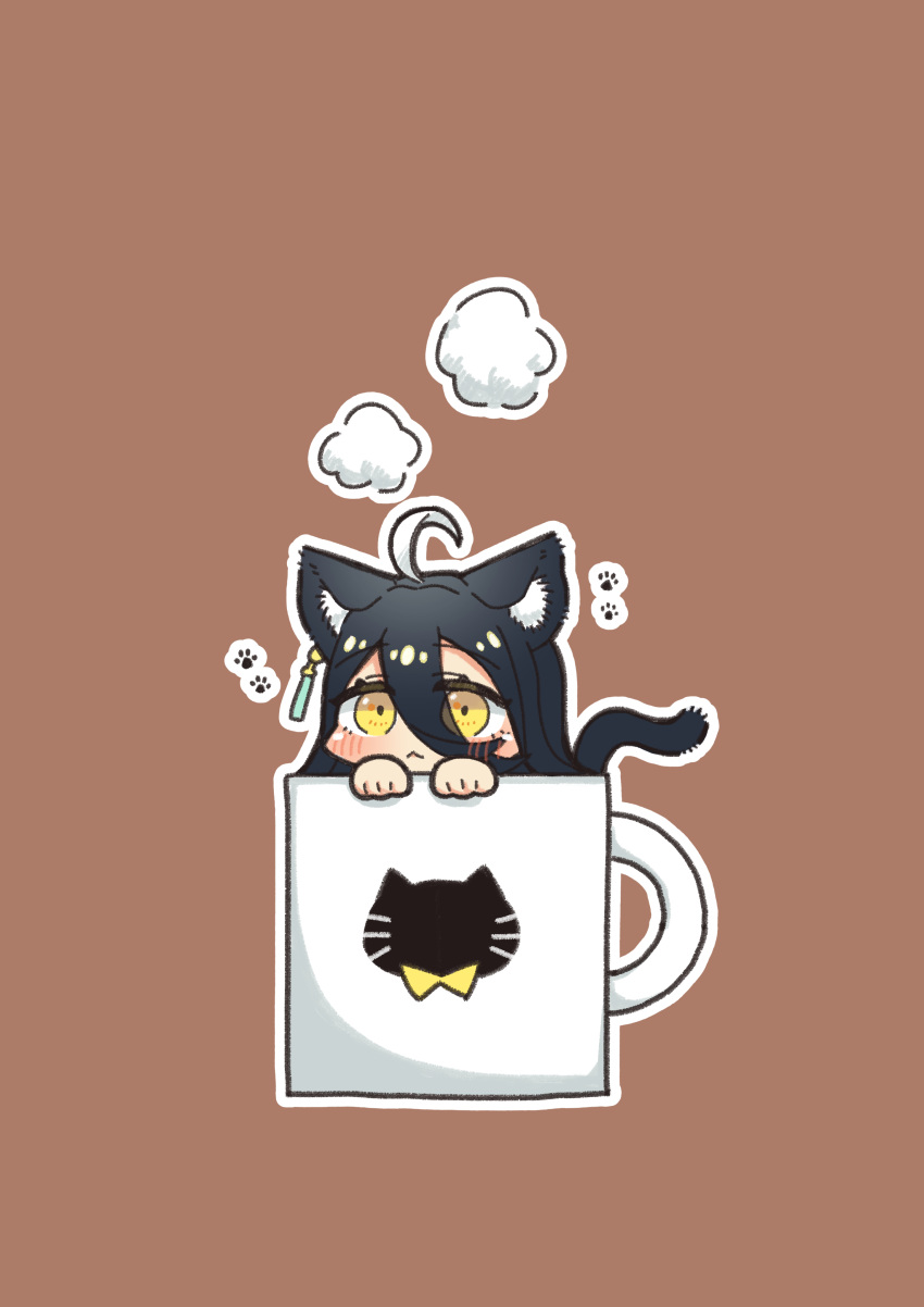 1girl a4_(a4_eishi) absurdres ahoge alternate_animal_ears alternate_tail animal_ears black_hair blush brown_background cat_ears cat_girl cat_tail chibi closed_mouth cup earrings hair_between_eyes highres in_container in_cup jewelry looking_at_viewer manhattan_cafe_(umamusume) mini_person minigirl multicolored_hair outline paw_print simple_background single_earring solo steam streaked_hair tail umamusume white_outline yellow_eyes