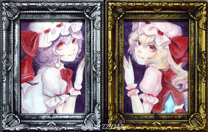 2girls arm_ribbon artist_name bat_wings black_wings blonde_hair blue_gemstone blue_hair chest_jewel collared_shirt flandre_scarlet frilled_hat frilled_shirt frilled_sleeves frilled_wristband frills gem hair_between_eyes hat hat_ornament hat_ribbon jewelry johnalay looking_at_viewer medium_hair mob_cap multiple_girls neck_ribbon painting_(medium) picture_frame ponytail puffy_short_sleeves puffy_sleeves red_eyes red_gemstone red_ribbon red_skirt red_vest remilia_scarlet ribbon shirt short_sleeves siblings side_ponytail sisters skirt slit_pupils smile touhou traditional_media vampire vest watercolor_(medium) wavy_hair white_hat white_shirt wings wristband