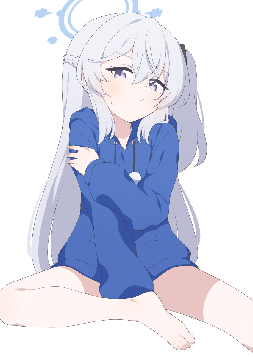 1girl absurdres barefoot blue_archive blue_hoodie grey_hair hagoonha halo highres hood hoodie long_hair looking_at_viewer miyako_(blue_archive) miyako_(young)_(blue_archive) purple_eyes simple_background thighs white_background