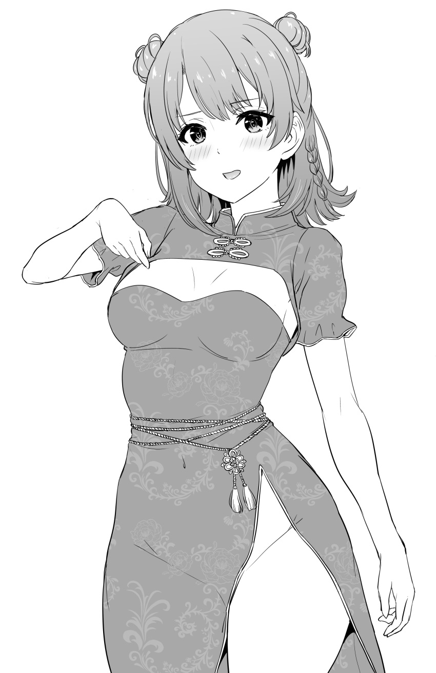 1girl absurdres blush braid breasts breasts_apart china_dress chinese_clothes cleavage_cutout clothing_cutout commentary_request covered_navel cowboy_shot double_bun dress greyscale groin hair_bun hand_on_own_chest highres inanaki_shiki isshiki_iroha looking_at_viewer medium_breasts medium_hair monochrome open_mouth print_dress side_slit simple_background solo waist_ribbon white_background yahari_ore_no_seishun_lovecome_wa_machigatteiru.