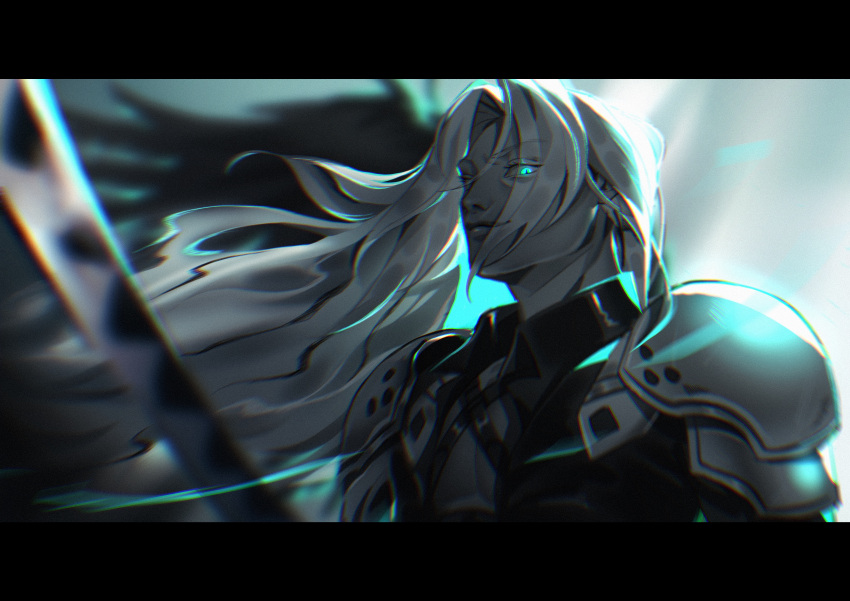 1boy absurdres aqua_eyes armor black_coat blurry blurry_background blurry_foreground closed_mouth coat commentary eyes_visible_through_hair final_fantasy final_fantasy_vii final_fantasy_vii_rebirth final_fantasy_vii_remake floating_hair glowing glowing_eyes highres long_hair looking_at_viewer male_focus masamune_(ff7) nijagen parted_bangs parted_lips sephiroth shoulder_armor smile solo upper_body