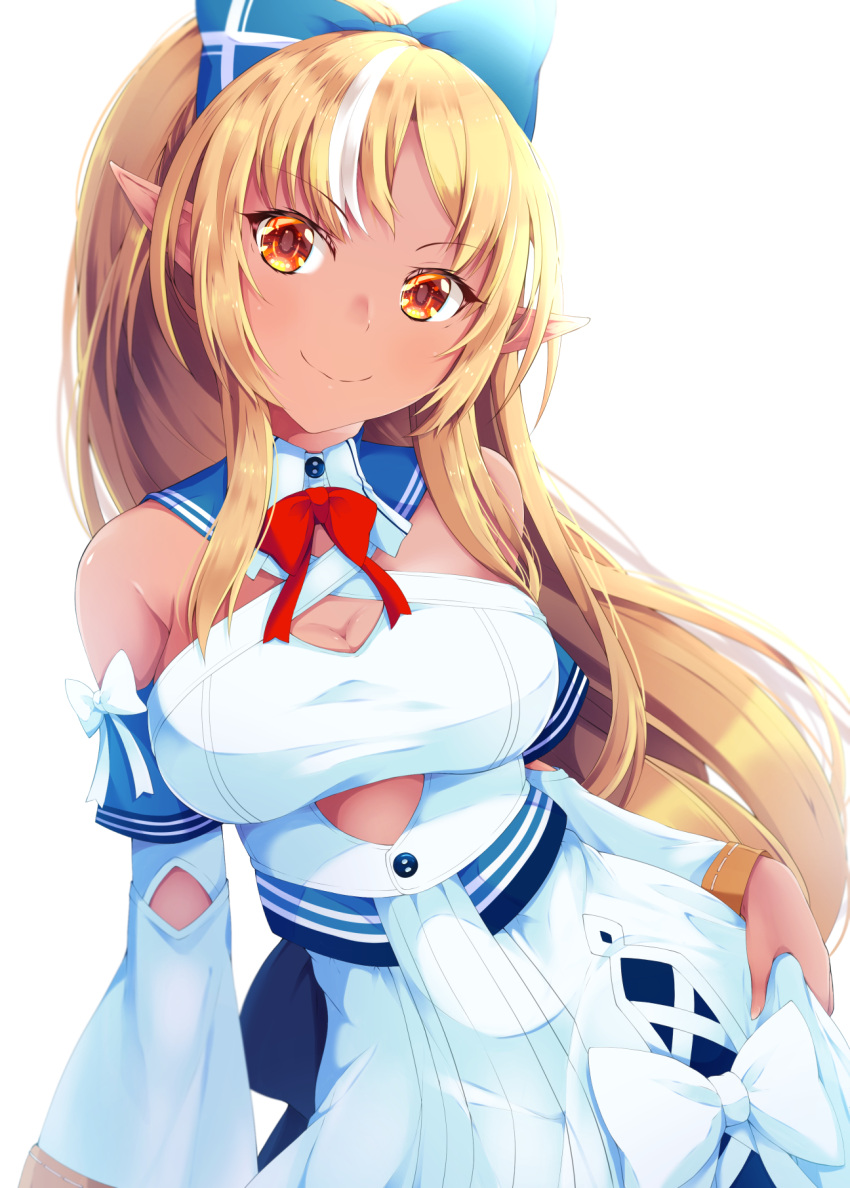 1girl blonde_hair blue_bow bow breasts cleavage cleavage_cutout clothing_cutout dark-skinned_female dark_skin detached_sleeves dress hair_bow halterneck highres hololive konsoramoon large_breasts looking_at_viewer orange_eyes pointy_ears ponytail shiranui_flare shiranui_flare_(1st_costume) sidelocks sleeveless sleeveless_dress smile solo virtual_youtuber white_background white_dress white_hair white_sleeves