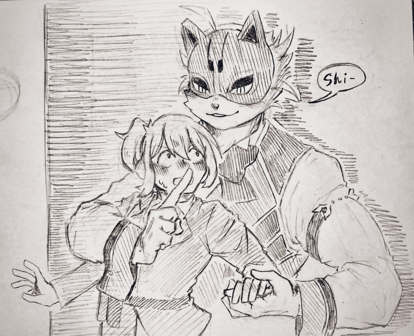 anthro canid canine clothing duo female female_operator fox fur hand_holding hayata_461 hi_res human lifewonders live_a_hero lying male mammal mask on_back pen_(artwork) protagonist_(live_a_hero) shirt shush sketch topwear traditional_media_(artwork) vest vulpecula