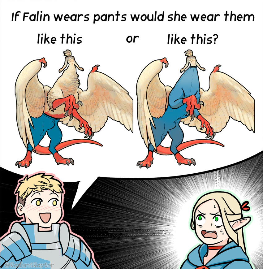 1boy 2girls :d armor blonde_hair blue_pants blue_robe blush breastplate chimera choker claws commentary denim dungeon_meshi elf emphasis_lines english_commentary falin_touden falin_touden_(chimera) feathered_wings full_body highres if_a_dog_wore_pants_(meme) jeans laios_touden looking_at_another marcille_donato meme multiple_girls pants pointy_ears radiantraptor red_choker robe smile speech_bubble twitter_username white_wings wings yellow_eyes