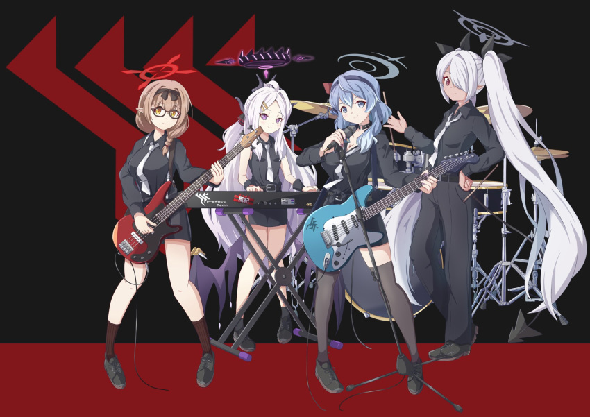 4girls ako_(blue_archive) alternate_costume bass_guitar black_background black_choker black_footwear black_pants black_shirt black_skirt black_socks black_thighhighs blue_archive blue_eyes blue_hair braid brown_eyes brown_hair chinatsu_(blue_archive) choker commentary_request dark-skinned_female dark_skin demon_girl demon_horns demon_tail demon_wings drum drum_set drumsticks electric_guitar forehead full_body gehenna_academy_logo glasses grey_hair guitar hair_between_eyes hair_ornament hair_over_one_eye hair_ribbon hairband hairclip half_updo halo hand_on_own_hip highres hina_(blue_archive) holding holding_drumsticks holding_instrument horns instrument iori_(blue_archive) keyboard_(instrument) kneehighs long_bangs long_hair long_sleeves looking_at_viewer multiple_girls music necktie pants parted_bangs pencil_skirt playing_instrument pointy_ears prefect_team_(blue_archive) purple_eyes red_eyes ribbon shirt shoes side_slit sidelocks simple_background single_braid skirt sleeveless sleeveless_shirt smile sneakers socks standing tail thighhighs twintails two-tone_background wavy_hair white_hair white_necktie wings yukimi_unagi zettai_ryouiki